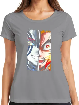 Zdjęcie produktu dla Rengoku Akaza Pół Twarzy Ognistego Demona Anime Vintage Anime Manga Damska Koszulka, Szary, 3XL