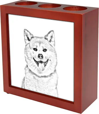 Produktbild von Stifthalter aus Holz, braun, mit Akita Motiv, 13 cm hoch, 13 cm breit, 4 cm tief