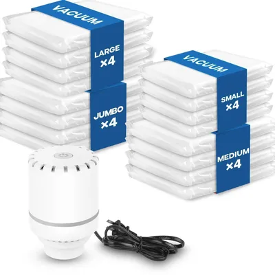 Image de Sacs de rangement sous vide pour vêtements, avec pompe électrique, lot de 16 (4 grands, 4 moyens, 4 petits, 4 très grands)