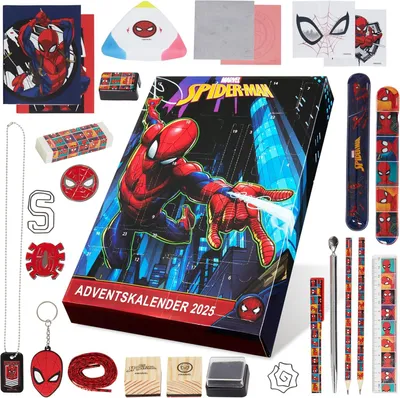 Produktbild von Marvel Spiderman Adventskalender 2025 – 24 Überraschungen mit Schrein, Schlüsselanhänger, Aufklebern & Spielzeug für Kinder & Teenager,Mehrfarbig