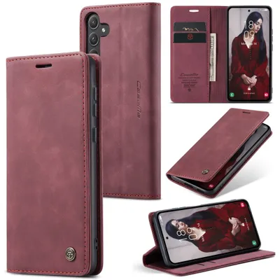 A collage of images showing a karmesinrot flip case for a Samsung Galaxy A16 phone, including close-ups and the phone inside the case.