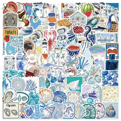 100 blaue Ozean-Aufkleber, wasserfestes Vinyl, Küstenmotive, 2–3,5 Zoll