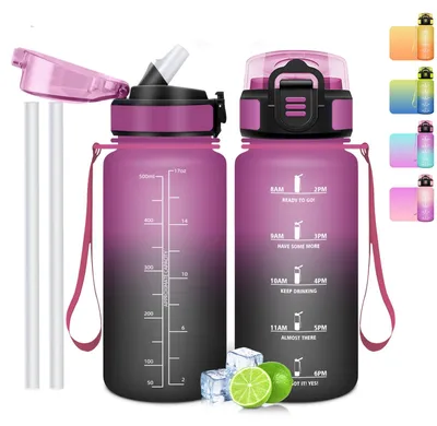 Produktbild von Trinkflasche 500 ml, BPA-frei, auslaufsicher, mit Strohhalm, Zeitmarkierung