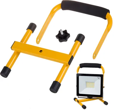 A yellow metal stand for an LED spotlight, with a black foam handle and black rubber feet. A small black knob with a screw is also visible. A separate, smaller image shows an LED spotlight on a similar stand.