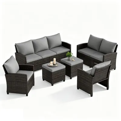 Produktbild von KOMFOTTEU Wetterfeste Polyrattan Gartenmöbel für 7 Personen, Outdoor Lounge Set mit Dreisitzer, Zweisitzer, 2 Sesseln & 2 Hockern, wetterfeste Sitzgruppe mit dicken Kissen für Terrasse, Hinterhof & Garten