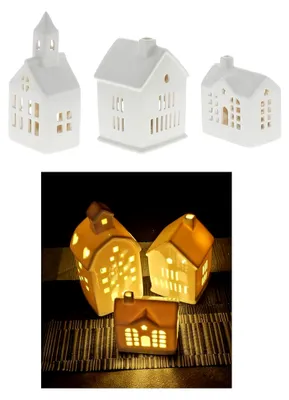 Produktbild von 3er Set Keramik Teelicht Häuschen Weihnachtsdekoration Winterdeko
