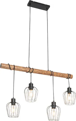 Produktbild von QAZQA - Landhaus I Vintage Ländliche Hängelampe I Pendellampe I Pendelleuchte schwarz mit Holz 4-flammig - Stronk I Wohnzimmer I Schlafzimmer - Stahl Länglich - LED geeignet E27