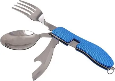 Produktbild von 4in1 Camping Besteck klappbar in Blau, Reisebesteck aus rostfreiem Edelstahl, Outdoor Besteck, Bundeswehr Feldbesteck