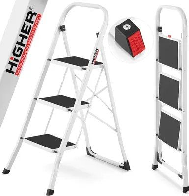 A white 3-step folding stepladder is shown from the front and side, with a close-up of one of its feet. The stepladder has black anti-slip treads on each step.