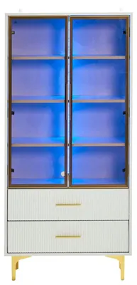 Immagine prodotto di Vetrina a parete in vetro - Mobiletto alto da parete in vetro, dimensioni 70x35x150 cm - 2 ante in vetro - Ripiani regolabili - Illuminazione a LED - Piedini dorati