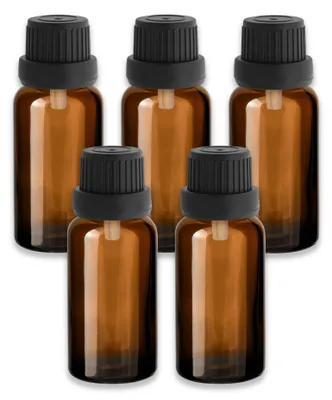 Produktbild von 5x Braunglasflasche 20 ml mit schwarzem Tropfer Tropfeinsatz 18 mm