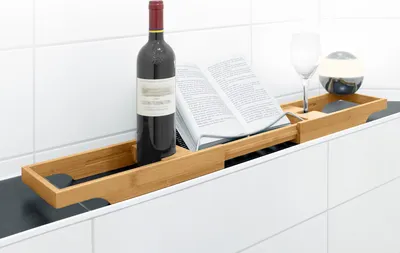 Produktbild von Nicol 9330500 HELGE Badewannenablage mit Buchstütze, Wannentablett mit Glashalter, Badewannenauflage ausziehbar, Badewannenregal