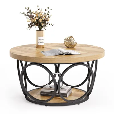 Produktbild von LITTLE TREE Runder Couchtisch 80 cm, großer runder Couchtisch im Landhausstil mit 2 Ablageflächen, moderner, Schlichter brauner Teetisch