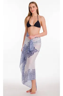 Produktbild von Baumwoll-Pareo mit elegantem Paisley-Muster in Blau-Weiß Strandtuch Wickelrock Sarong