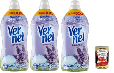 Produktbild von Vernel Lavanda Ammorbidente, Weichspüler, parfümierte konzentrierte Waschmaschine, intensive Frische und Weichheit, 3x 1,9 -Liter XXL -Verpackung + Italian Gourmet polpa 400g