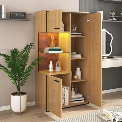 Produktbild von STILVORA Vitrine mit LED-Beleuchtung,Hochschrank mit Glasboden und Glastür,Standvitrine aus MDF mit 3 verstellbaren Mehrzweckregalen,Natur