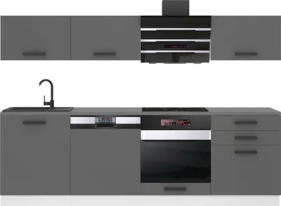 Produktbild von Belini Linda Küchenzeile Silber matt, aus Spanplatte und Kunststoff, komplett mit Hänge- und Unterschränken, ohne Elektrogeräte und Arbeitsplatten, mit Soft-Closing-System, PRO+ System und höhenverstellbaren Füßen, beliebig zusammensetzbar