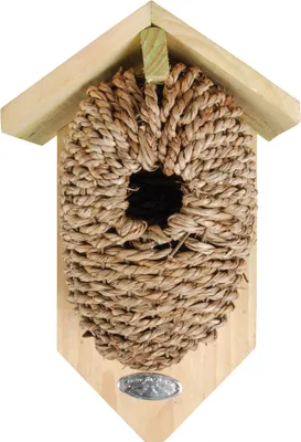 Produktbild von Esschert Design Nestbeutel Kadlin, Nistbeutel / Vogelhaus für Wildvögel, Einflugloch Ø 35 mm, ca. 26 x 14 x 10 cm, Holz/Seegras