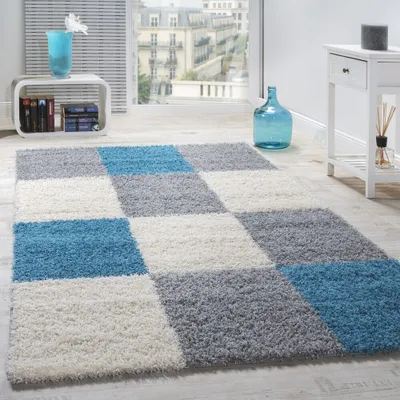 Produktbild von Shaggy Hochflor Teppich Wohnzimmer Kariertes Design Türkis Grau Weiß Grösse 160x220 cm