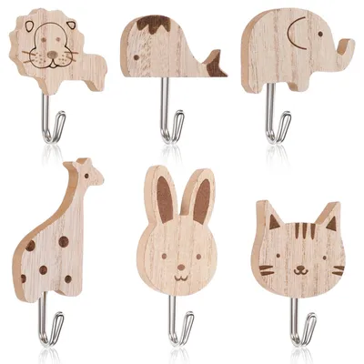 6er-Set Tier-Kleiderhaken aus Holz, selbstklebend, für Kinderzimmer