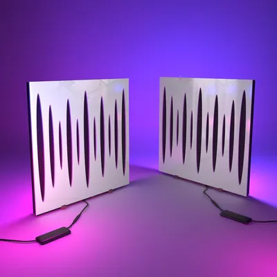Produktbild von 2er Pack Akustikpaneele "PULSAR" mit RGB-Schreibtischlampe|Mobiler Ständer mit LED-Tischfuß|Für Podcast-Studios|50×50cm|Weiß glänzender Kunststoff