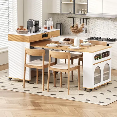 Image de Table extensible avec prises électriques et plateau en verre rainuré, table de bar avec un tiroir, table de cuisine de 50,5-187,5 x 110,5 x 95,5 cm, blanche et finition bois naturel