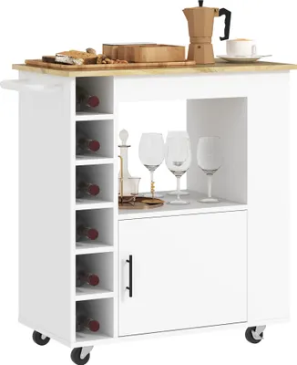 Produktbild von Küchenwagen, Rollbare Kücheninsel, Küchen-Trolley mit Fächern, Weinregalen, Schrank und Arbeitsfläche, Weiß