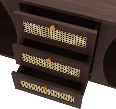 Produktbild von MODFU Kommode Sideboard mit 3 Schubladen und 2 Schiebetüren, Schrank Buffet Rattanschrank für Wohnzimmer, Schlafzimmer, Kinderzimmer, Jugendzimmer und Büro, Holzfarbe