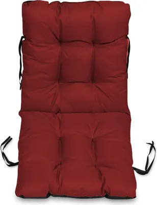 A red chair cushion is shown against a white background.