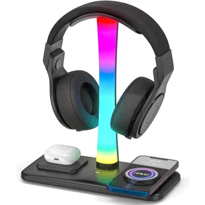 Produktbild von RGB Gaming Headsetständer mit 15W kabellosem Ladegerät & 9 Lichtmodi