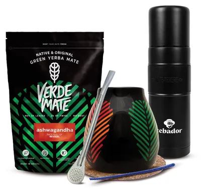 Produktbild von Verde Mate - Mate Tee Set Ashwagandha 400g - Dicke Blätter 5mm - Yerbomos Thermoskanne XL 750ml - Keramik Mate Becher Samba 350ml - Bombilla