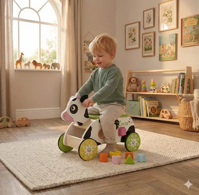 Imagen del producto de Johntoy: Carrito de paseo de madera con forma de vaca, que incluye función de clasificación de formas, juguete