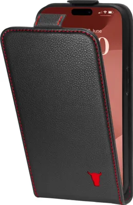 Obrázok produktu pre TORRO Kožené flipové puzdro na iPhone 15 Pro - čierne s červenými detailmi