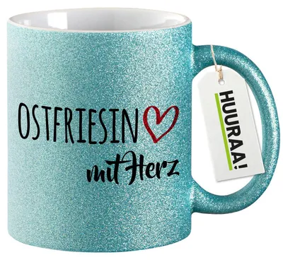 Produktbild von Huuraa Glitzertasse Ostfriesin mit Herz 330ml Blau Keramik Kaffeebecher Geschenkidee