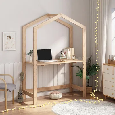 Immagine prodotto di Scrivania per bambini – Tavolo regolabile in altezza, ideale come scrivania o tavolo da gioco, a forma di casetta, realizzato in legno massello di pino