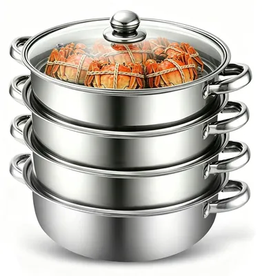 Obrázok produktu pre Nerezový parný hrniec, priemer 28 cm, objem 3/4 litra, vhodný na indukčné varné dosky, s parným vložkou a skleneným pokrievkou