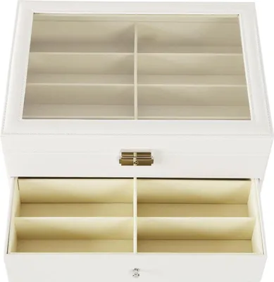 Produktbild von Aufbewahrungs- & Präsentationsbox für Brillen & Sonnenbrillen - Organizer - 3 Etagen - Polyurethan& MDF - Glasdeckel - 34×25×19 cm - Weiß