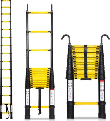 Three different views of a telescopic ladder against a white background.