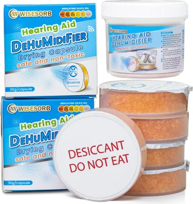 Productafbeelding van Luchtontvochtiger voor hoortoestellen, doos voor het drogen van hoortoestellen en luchtontvochtiger set (1 houder en 4 capsules van elk 30 g)
