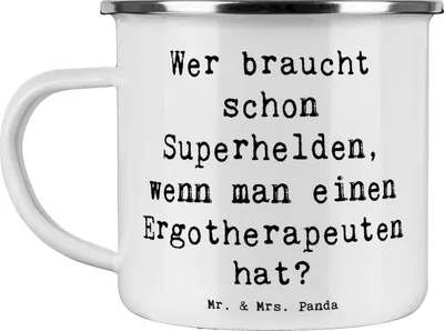 Produktbild von Mr. & Mrs. Panda Blechtasse Spruch Ergotherapeut Held - Weiß - Geschenk, Beruf Ergotherapie, Emailletasse, Kreativität, Pott, wenn man einen Ergotherapeuten hat?, Geduld