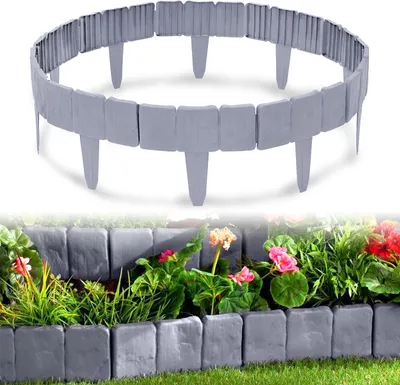 A product shot of garden edging in a circular formation, with a lifestyle shot of the edging installed in a garden bed below.