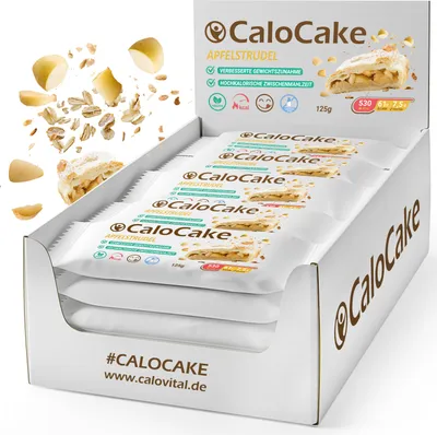Produktbild von Nahrung hochkalorisch für Gewichtszunahme | Riegel zum Zunehmen bei Untergewicht mit viel Protein & 592 Kalorien | CaloCake 24er Box  (Apfelstrudel)