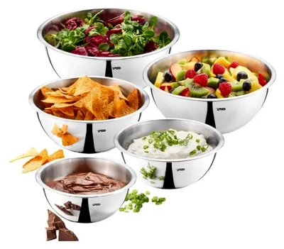 Produktbild von 5-teiliges Schüsselset aus Edelstahl für die Küche, 1 l - 3,5 l, Rührschüssel, Salatschüssel, Servierschüssel mit Schüttrand und stapelbar