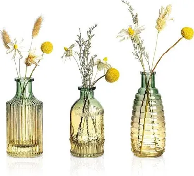Produktbild von Unyqoos® Set 3 Vintage Glasvasen – kleine mundgeblasene Tischvasen mit Relief & Farbverlauf (Blaugrün–Orange), Glas, H 13/14,5/15 cm, Ø 6,3/7/5,8 cm, Deko für Hochzeit & Feier
