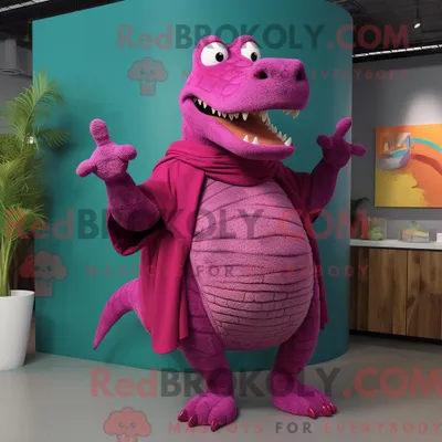 Produktbild von Maskottchen REDBROKOLY eines magentafarbenen Krokodils mit Tanktop und Schalkragen