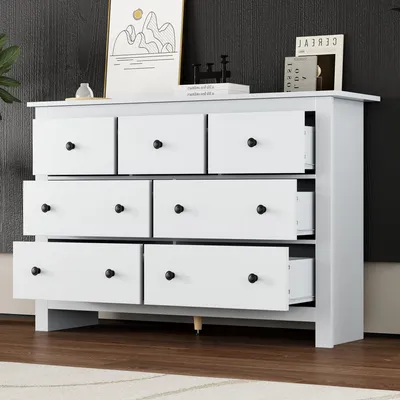 Image de OKWISH Buffet Moderne avec 7 Tiroirs - Meuble de Rangement pour Cuisine, Salle à Manger et Salon, 152x40x89 cm, Panneau de Particules, Blanc