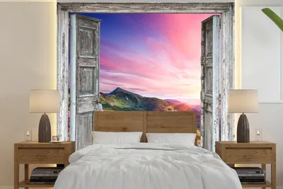 Produktbild von MuchoWow® Fototapete für Wohnzimmer oder Schlafzimmer Wandtapete Vinyl Motivtapete Berge - Landschaft - Aussicht - Blumen - 300x300 cm - Wanddekoration
