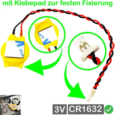 Produktbild von Uhrzeit Batterie CR1632 RTC Bios CMOS Knopfzelle mit steckerkabel 6,3 x 2,7mm
