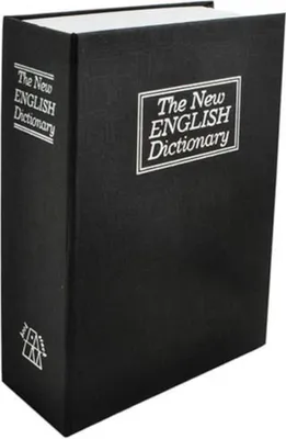 A black book safe with the title 'The New English Dictionary' printed on the cover and spine.