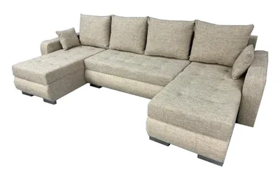 A U-shaped sectional sofa with multiple cushions, shown from a slightly elevated side angle against a white background.